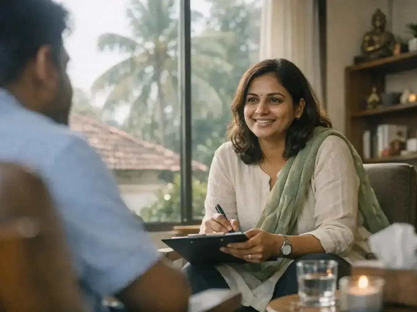 Calm counselling room in Cherthala with comfortable seating and natural light