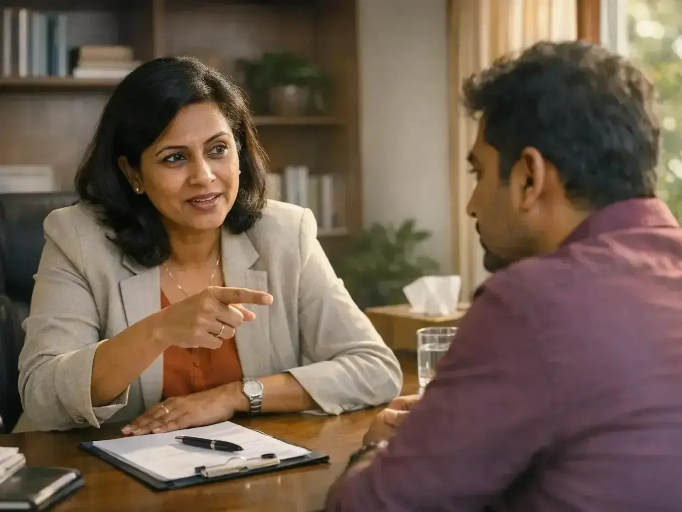 Female M.Phil psychologist conducting one-on-one adult therapy session